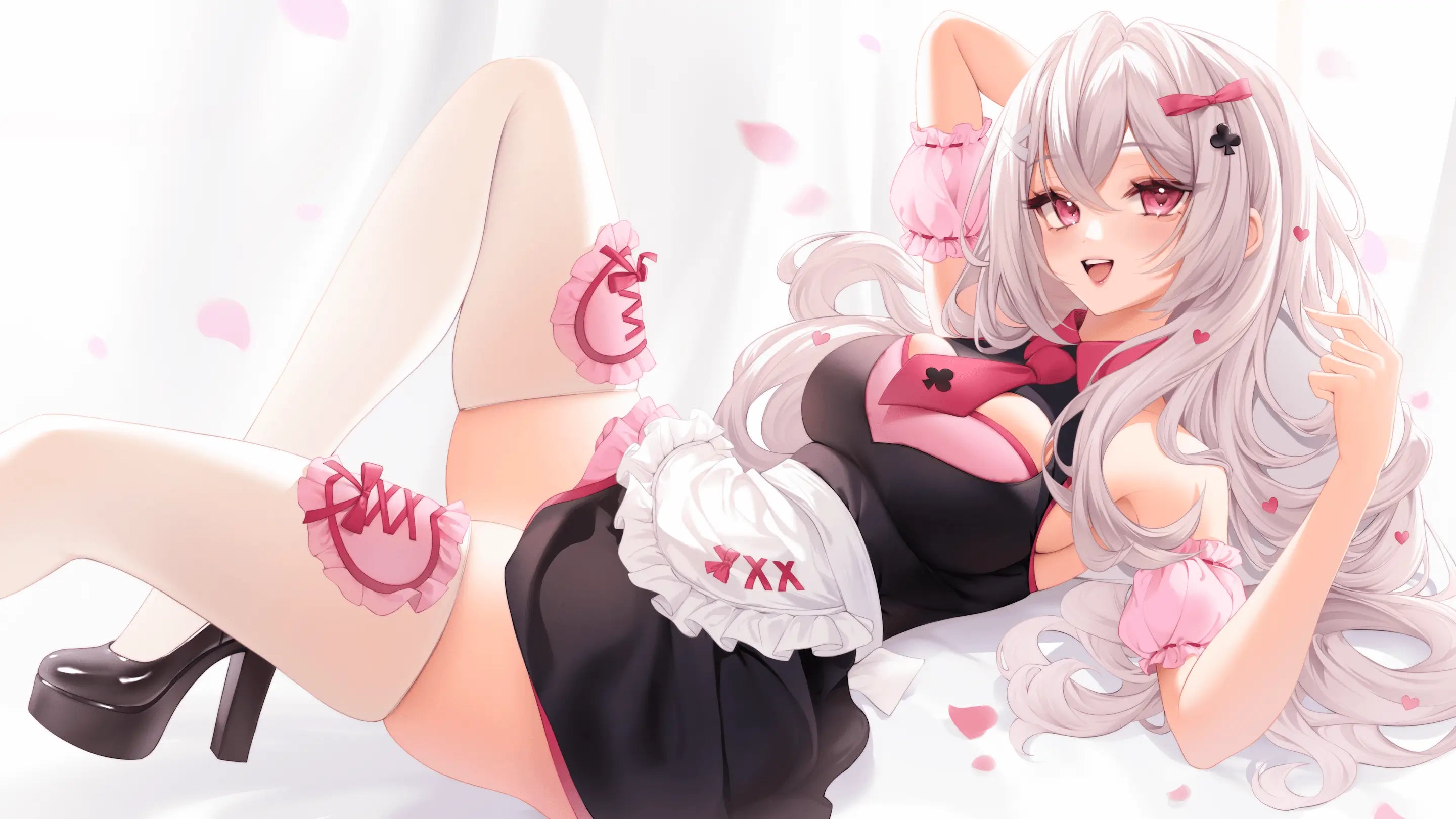 Anime girl with long silver hair and heterochromia eyes wearing a black and pink frilly maid outfit with thigh-high stockings, lying in a playful pose with pink heart accents.